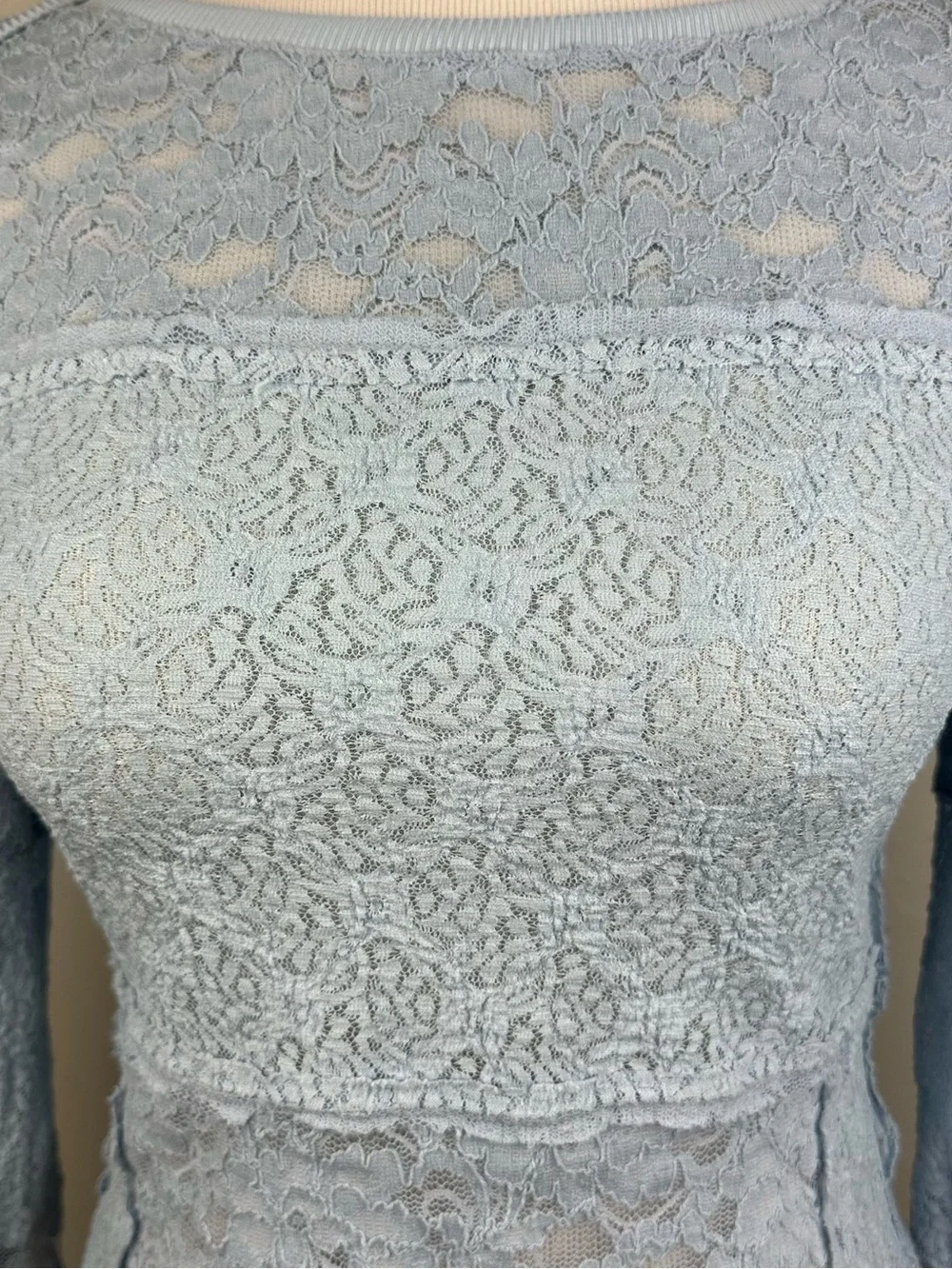 Free People Sheer Lace Flared Long Sleeve Top NWT Blue Small